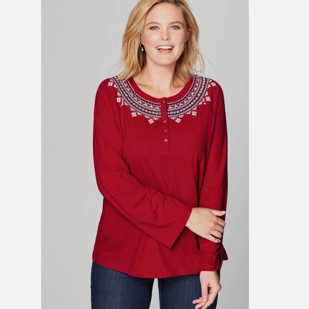 J Jill Red Fair Isle Red Embroidered Long Sleeve Button Top Small